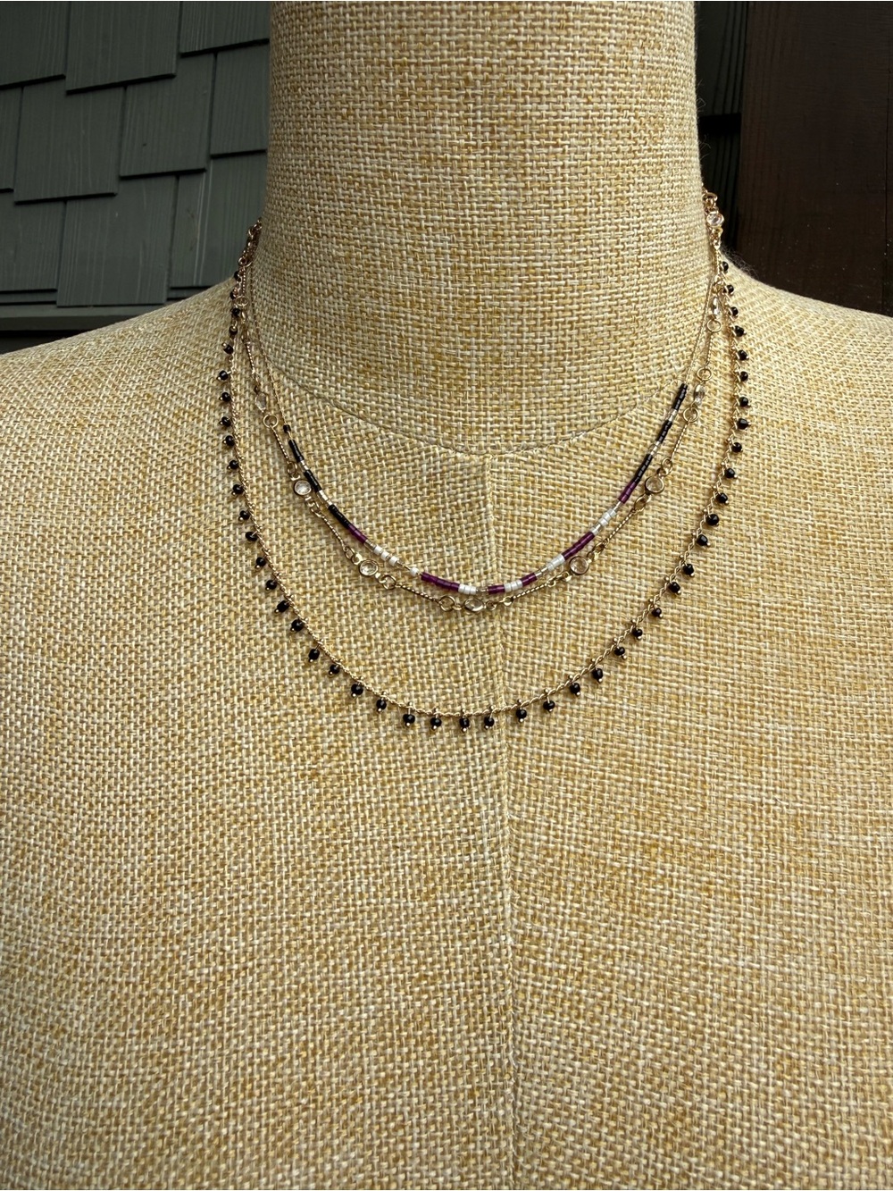 New🌟Free People-Layered Gold-Tone Necklace with Black Beads and Purple Accents